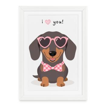 Teckel avec des lunettes en forme de cœur Je t’aime dessin animé - Affiche encadrée (27 × 37 cm) - blanc - Devant
