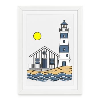 Lighthouse and Beach House by the Sea - Framed poster (27 × 37 cm) - white - Front