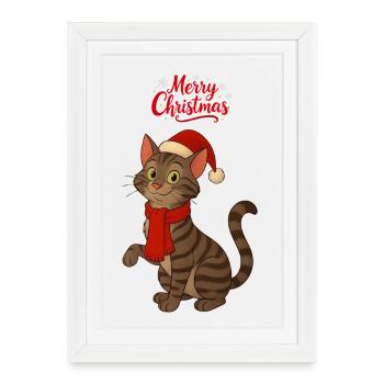 Chat gris Merry Christmas - Affiche encadrée (27 × 37 cm) - blanc - Devant