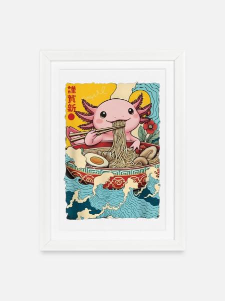 Axolotl isst Ramen Nudeln - Gerahmtes Poster (27 × 37 cm) - Weiß