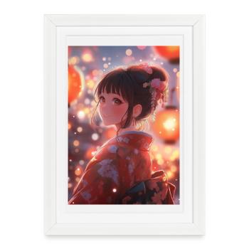 Kimono floraison lumineuse lanternes - Affiche encadrée (27 × 37 cm) - blanc - Devant