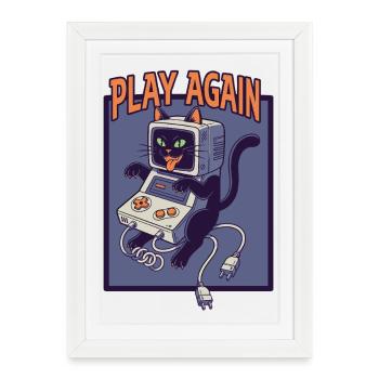 Play Again: Retro Cat with Game Console - Framed poster (27 × 37 cm) - white - Front