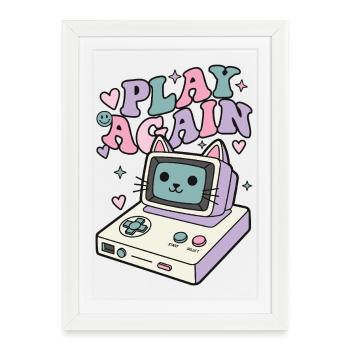 Play Again Cat Retro - Framed poster (27 × 37 cm) - white - Front