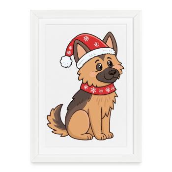 Chien des Fêtes au Chapeau Rouge - Affiche encadrée (27 × 37 cm) - blanc - Devant