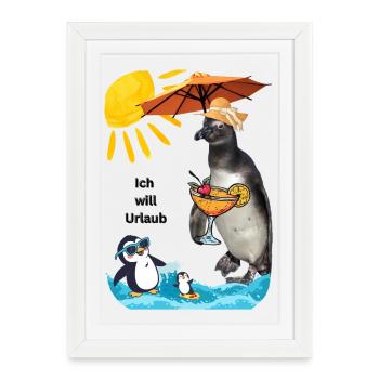 Vacances avec un manchot sur la plage et cocktail - Affiche encadrée (27 × 37 cm) - blanc - Devant