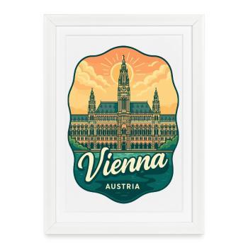 Vienne Autriche Rathaus Sunset Art vintage - Affiche encadrée (27 × 37 cm) - blanc - Devant
