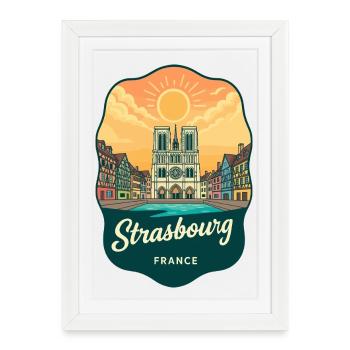 Insigne rétro du coucher de soleil de la cathédrale de Strasbourg - Affiche encadrée (27 × 37 cm) - blanc - Devant