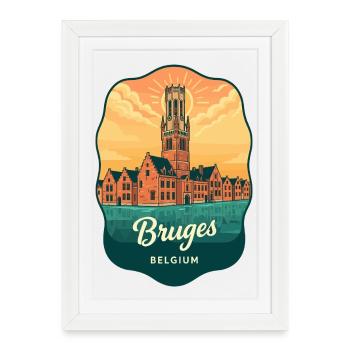 Insigne vintage du coucher de soleil de la tour du clocher de Bruges - Affiche encadrée (27 × 37 cm) - blanc - Devant