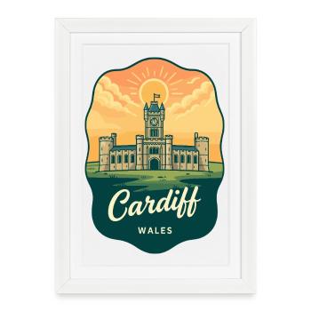 Badge de voyage rétro au coucher de verre de Cardiff Wales - Affiche encadrée (27 × 37 cm) - blanc - Devant