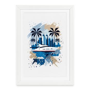 Seaside panorama with yacht and palm trees - Framed poster (27 × 37 cm) - white - Front