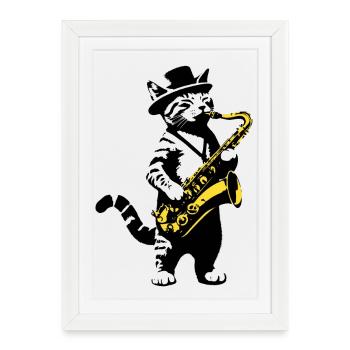 Chat Saxophone Musique Street Art Pochoirs Style - Affiche encadrée (27 × 37 cm) - blanc - Devant