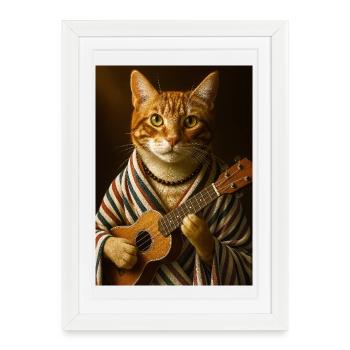Chat au Ukulélé - Affiche encadrée (27 × 37 cm) - blanc - Devant