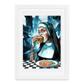 Une nonne au néon mord un hamburger à Cybercity - Affiche encadrée (27 × 37 cm) - blanc - Devant