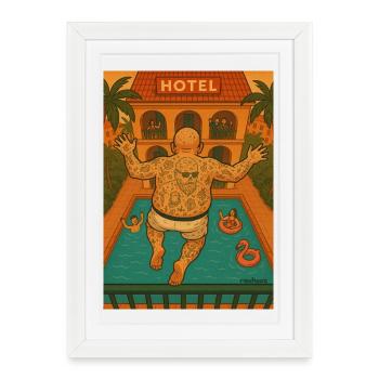 Vacancier sur le balcon sautant près de la piscine - Affiche encadrée (27 × 37 cm) - blanc - Devant