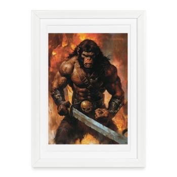Singe Heavy Metal avec une épée - Affiche encadrée (27 × 37 cm) - blanc - Devant