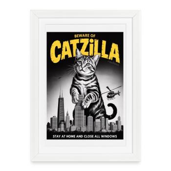 Catzilla Over City Skyline - Framed poster (27 × 37 cm) - white - Front