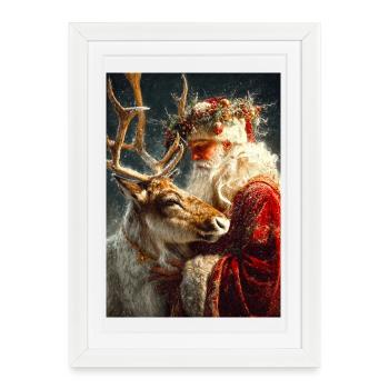 Étreinte hivernale du Père Noël et des rennes - Affiche encadrée (27 × 37 cm) - blanc - Devant