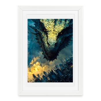 Stormbound Dragon Over City - Framed poster (27 × 37 cm) - white - Front