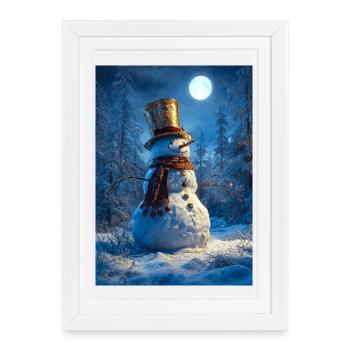 Moonlit Snowman in Frost Forest - Framed poster (27 × 37 cm) - white - Front