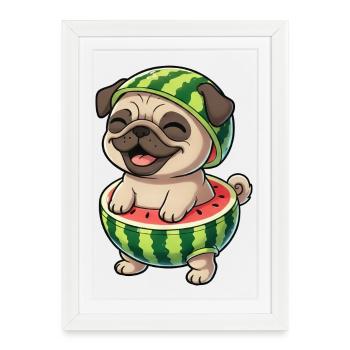 Cute Pug with Melon Cartoon Summer Joy - Framed poster (27 × 37 cm) - white - Front