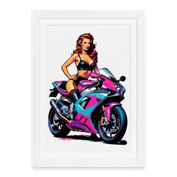 Pin-up sur une moto de course - Affiche encadrée (27 × 37 cm) - blanc - Devant