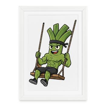 Funny Leek Celery Cartoon Swinging Fun - Framed poster (27 × 37 cm) - white - Front
