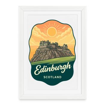Edinburgh Castle Scotland Vintage Sunset Badge - Framed poster (27 × 37 cm) - white - Front
