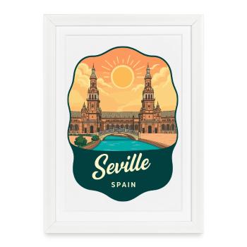 Écusson vintage de la Plaza de España de Séville - Affiche encadrée (27 × 37 cm) - blanc - Devant