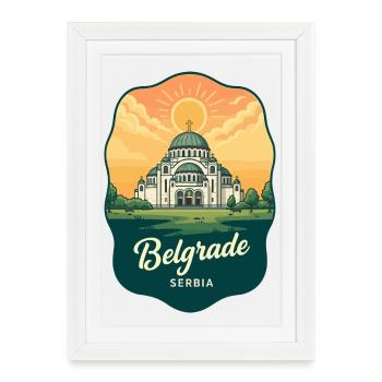 Badge de voyage rétro du coucher de soleil de Belgrade Saint Sava - Affiche encadrée (27 × 37 cm) - blanc - Devant