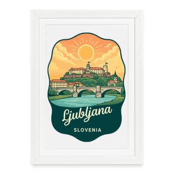 Insigne Triple Bridge Vintage Sunset de Ljubljana - Affiche encadrée (27 × 37 cm) - blanc - Devant