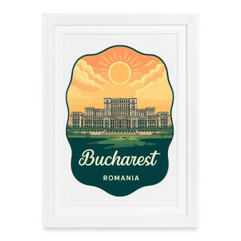 Bucharest Parliament Vintage Sunset Badge - Framed poster (27 × 37 cm) - white - Front