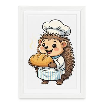 Hedgehog chef bakes golden bread - Framed poster (27 × 37 cm) - white - Front