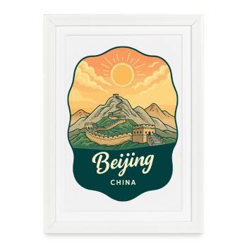 Badge rétro de voyage au coucher de soleil de la Grande Muraille de Pékin - Affiche encadrée (27 × 37 cm) - blanc - Devant