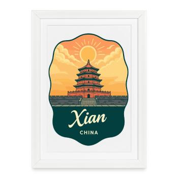Xian Wild Goose Pagoda Vintage Travel Badge - Framed poster (27 × 37 cm) - white - Front