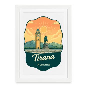 Insigne de voyage vintage de la place Skanderbeg de Tirana - Affiche encadrée (27 × 37 cm) - blanc - Devant