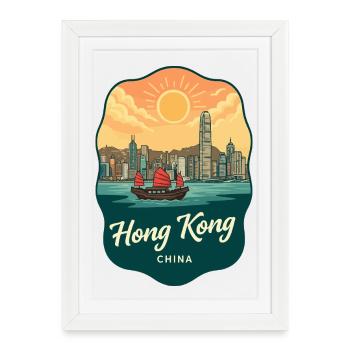 Insigne rétro du coucher de soleil du port Victoria de Hong Kong - Affiche encadrée (27 × 37 cm) - blanc - Devant