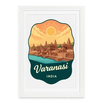 Varanasi Ganges River Retro Sunset Travel Badge - Framed poster (27 × 37 cm) - white - Front
