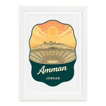Insigne rétro du coucher de soleil du Théâtre Romain Jordan d’Amman - Affiche encadrée (27 × 37 cm) - blanc - Devant