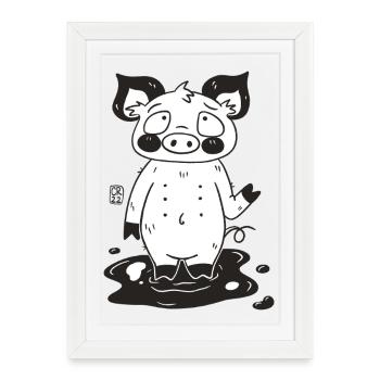 Mud Pig Cartoon Watering Hole - Framed poster (27 × 37 cm) - white - Front