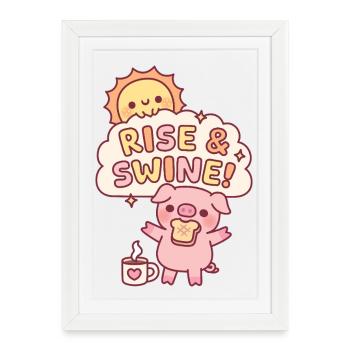 Cochon mignon avec toast se lève et jeu de mots matinal sur les cochons - Affiche encadrée (27 × 37 cm) - blanc - Devant