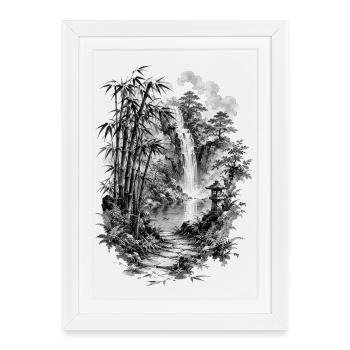 Japanese nature with bamboo and waterfall - Framed poster (27 × 37 cm) - white - Front