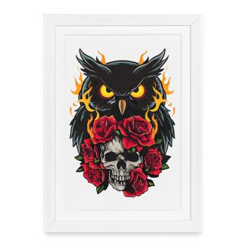 Mystische Eule sitzt auf Skull mit roten Rosen - Gerahmtes Poster (27 × 37 cm) - Weiß - Vorne