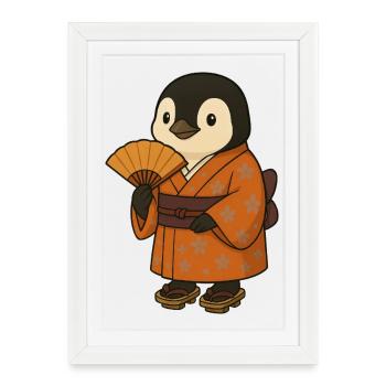 Pingouin Japon Tradition Vêtements Motif Floral - Affiche encadrée (27 × 37 cm) - blanc - Devant