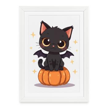 Mignon chat noir avec des ailes de chauve-souris citrouille - Affiche encadrée (27 × 37 cm) - blanc - Devant