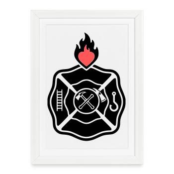 Emblème des pompiers | Croix Florian avec cœur - Affiche encadrée (27 × 37 cm) - blanc - Devant