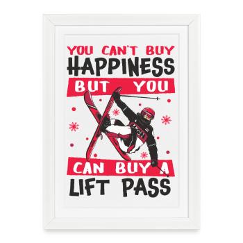 Happiness Ski Skiing Skifahren Lift Pass Freestyle - Affiche encadrée (27 × 37 cm) - blanc - Devant