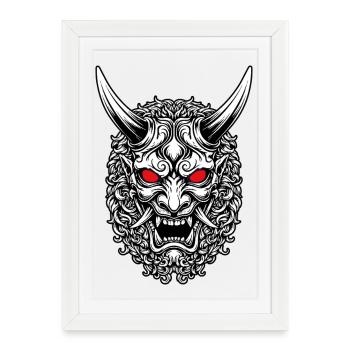 Masque Oni Portrait Rouge Japonais - Affiche encadrée (27 × 37 cm) - blanc - Devant