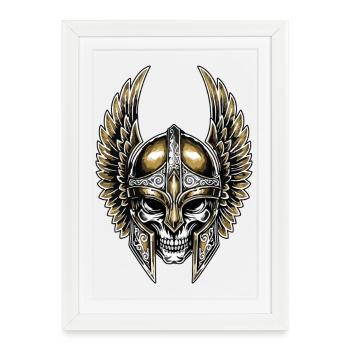 Crâne Viking Casque Ailé Or et Blanc Totem Guerrie - Affiche encadrée (27 × 37 cm) - blanc - Devant