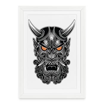 Masque Oni Hannya Totem Japonais Yeux Orange - Affiche encadrée (27 × 37 cm) - blanc - Devant