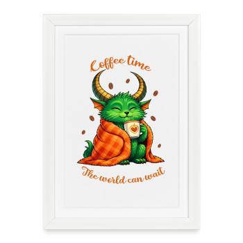 Heure du café – Un petit monstre du café - Affiche encadrée (27 × 37 cm) - blanc - Devant
